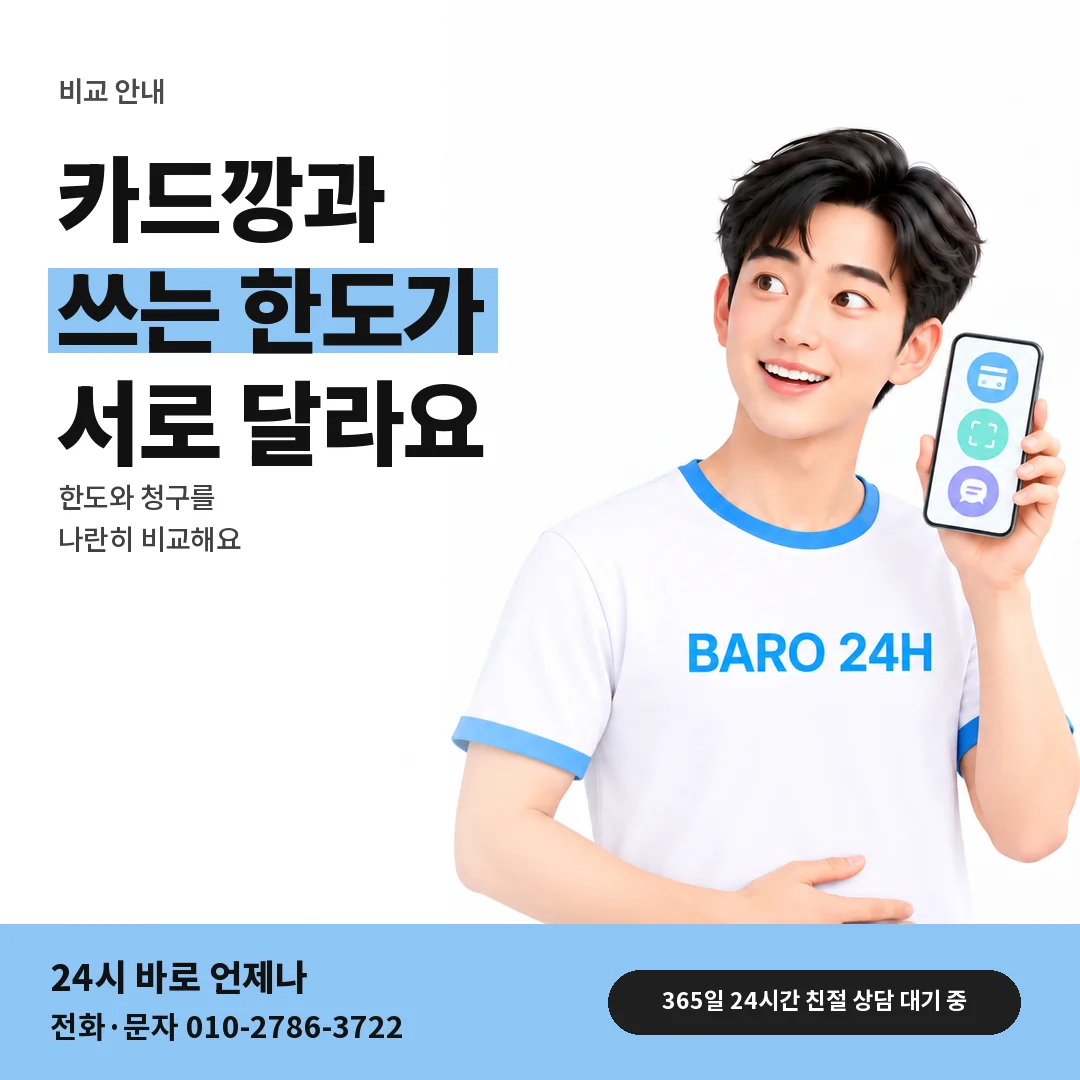 BARO 24H 티셔츠를 입은 3D 인물 옆에 「SK 카드깡과 휴대폰 결제 비교」 제목을 얹은 안내 카드
